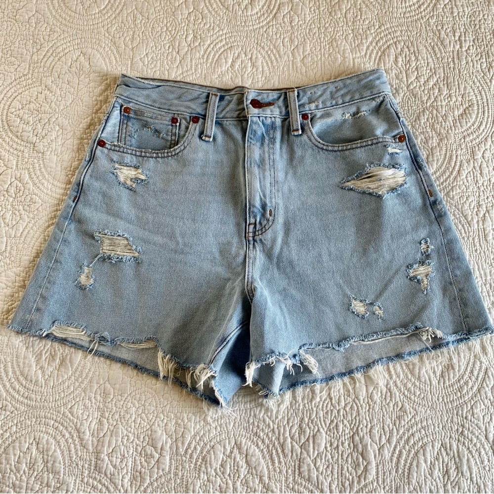 Light Blue Distressed High-Waist Denim Shorts